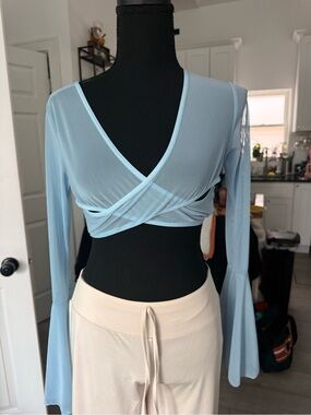 ROMWE Light Blue Long-Sleeve Wrap Crop Top
